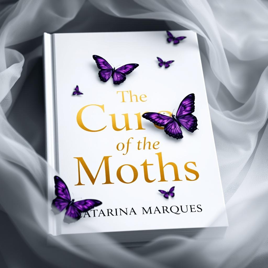 A minimalist white book cover featuring the title "The Curse of the Moths" in elegant gold lettering, with the author's name "Catarina Marques" also in gold