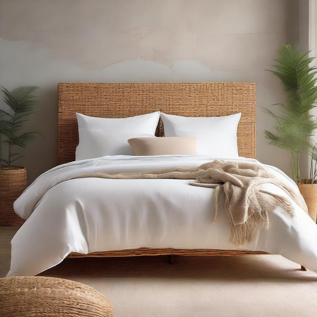 A serene bedroom scene featuring a beautiful Venetian plaster wall, an inviting white linen-covered bed, and a stylish rattan headboard.