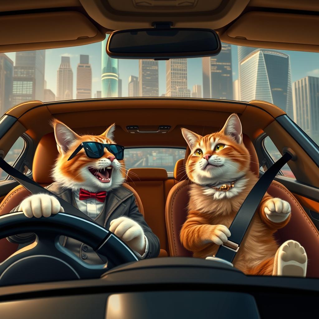 Two cats in an expensive car, one is a wealthy cat driving while the other is a poorer cat sitting in the passenger seat