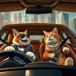 Two cats in an expensive car, one is a wealthy cat driving while the other is a poorer cat sitting in the passenger seat