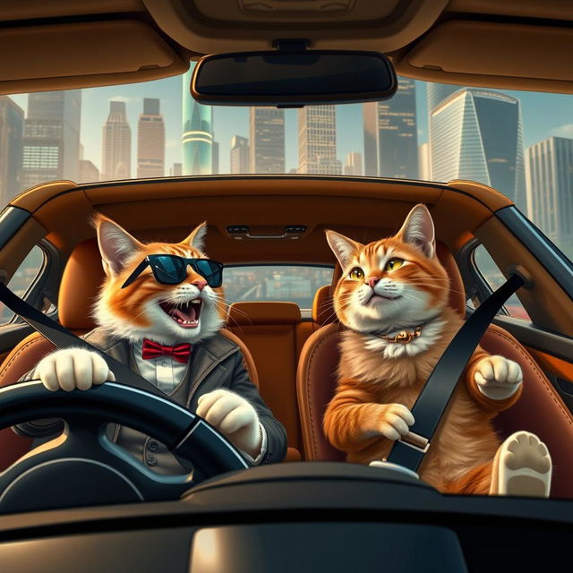 Two cats in an expensive car, one is a wealthy cat driving while the other is a poorer cat sitting in the passenger seat