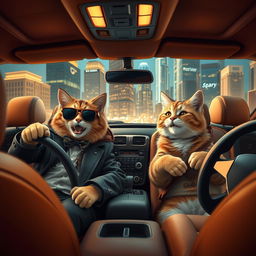 Two cats in an expensive car, one is a wealthy cat driving while the other is a poorer cat sitting in the passenger seat