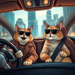 Two cats in an expensive car, one is a wealthy cat driving while the other is a poorer cat sitting in the passenger seat