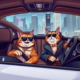Two cats in an expensive car, one is a wealthy cat driving while the other is a poorer cat sitting in the passenger seat