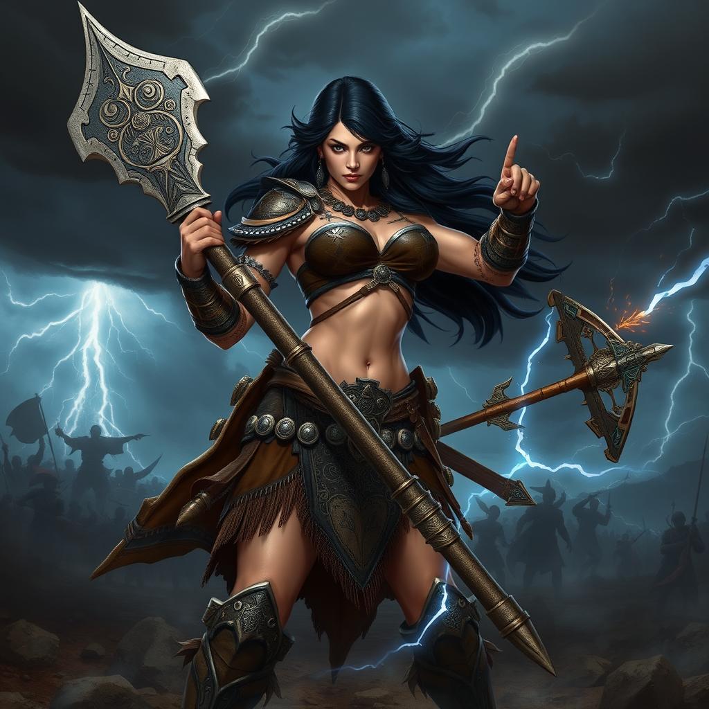 A powerful female Goliath warrior with dark hair, standing confidently in a battle-ready pose