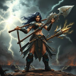 A powerful female Goliath warrior with dark hair, standing confidently in a battle-ready pose