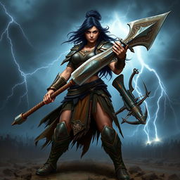 A powerful female Goliath warrior with dark hair, standing confidently in a battle-ready pose