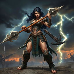 A powerful female Goliath warrior with dark hair, standing confidently in a battle-ready pose