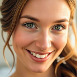 A close-up portrait of an attractive woman with a smooth complexion and bright smile