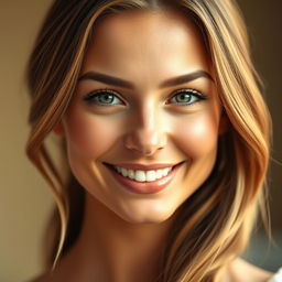 A close-up portrait of an attractive woman with a smooth complexion and bright smile