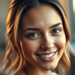A close-up portrait of an attractive woman with a smooth complexion and bright smile