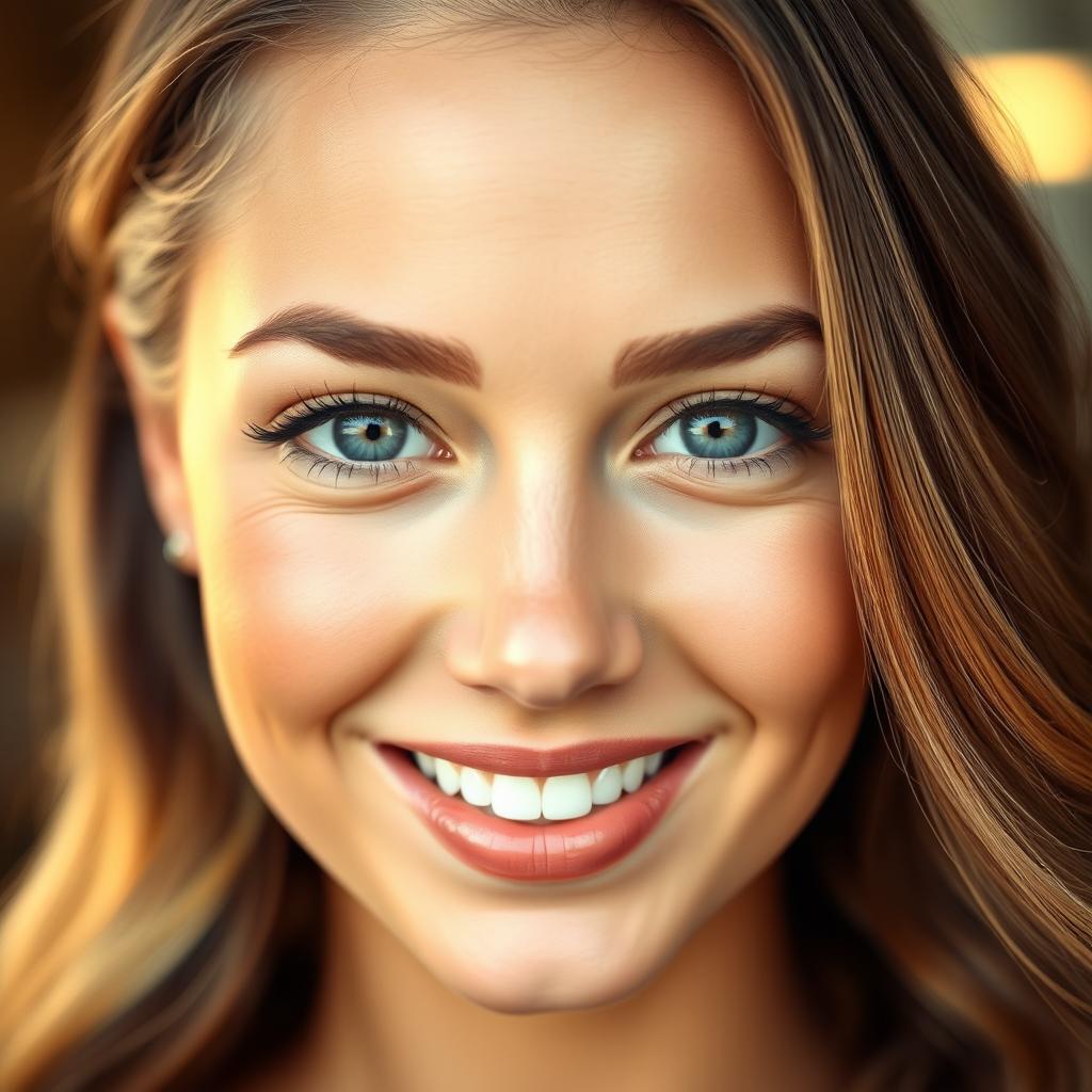 A close-up portrait of an attractive woman with a smooth complexion and bright smile