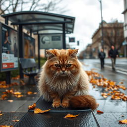 A sad, poor cat sitting on a bench near a bus stop, looking forlorn and lonely
