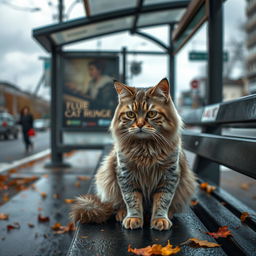A sad, poor cat sitting on a bench near a bus stop, looking forlorn and lonely