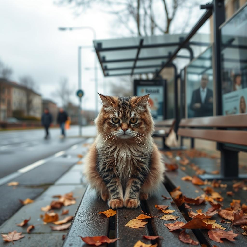 A sad, poor cat sitting on a bench near a bus stop, looking forlorn and lonely