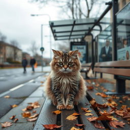 A sad, poor cat sitting on a bench near a bus stop, looking forlorn and lonely