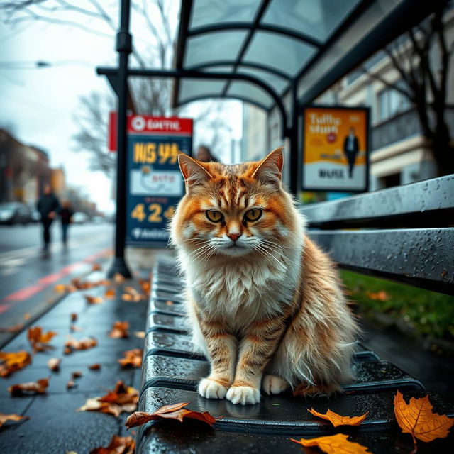 A sad, poor cat sitting on a bench near a bus stop, looking forlorn and lonely
