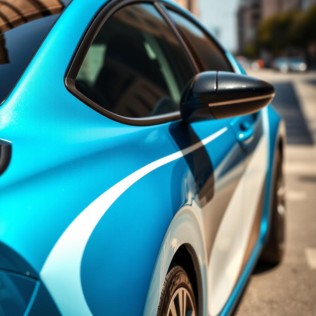 A petrol blue Peugeot car featuring sleek lines of white and black along its sides, showcasing a modern design, parked in an urban setting with a blurred city backdrop