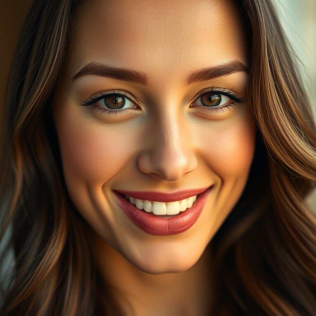 A close-up portrait of an attractive woman with a smooth complexion and bright smile