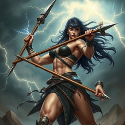 A powerful female Goliath fighter with dark hair, wielding a massive glaive in one hand and a lightning-infused javelin in the other