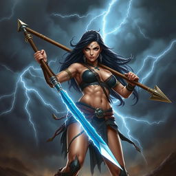 A powerful female Goliath fighter with dark hair, wielding a massive glaive in one hand and a lightning-infused javelin in the other