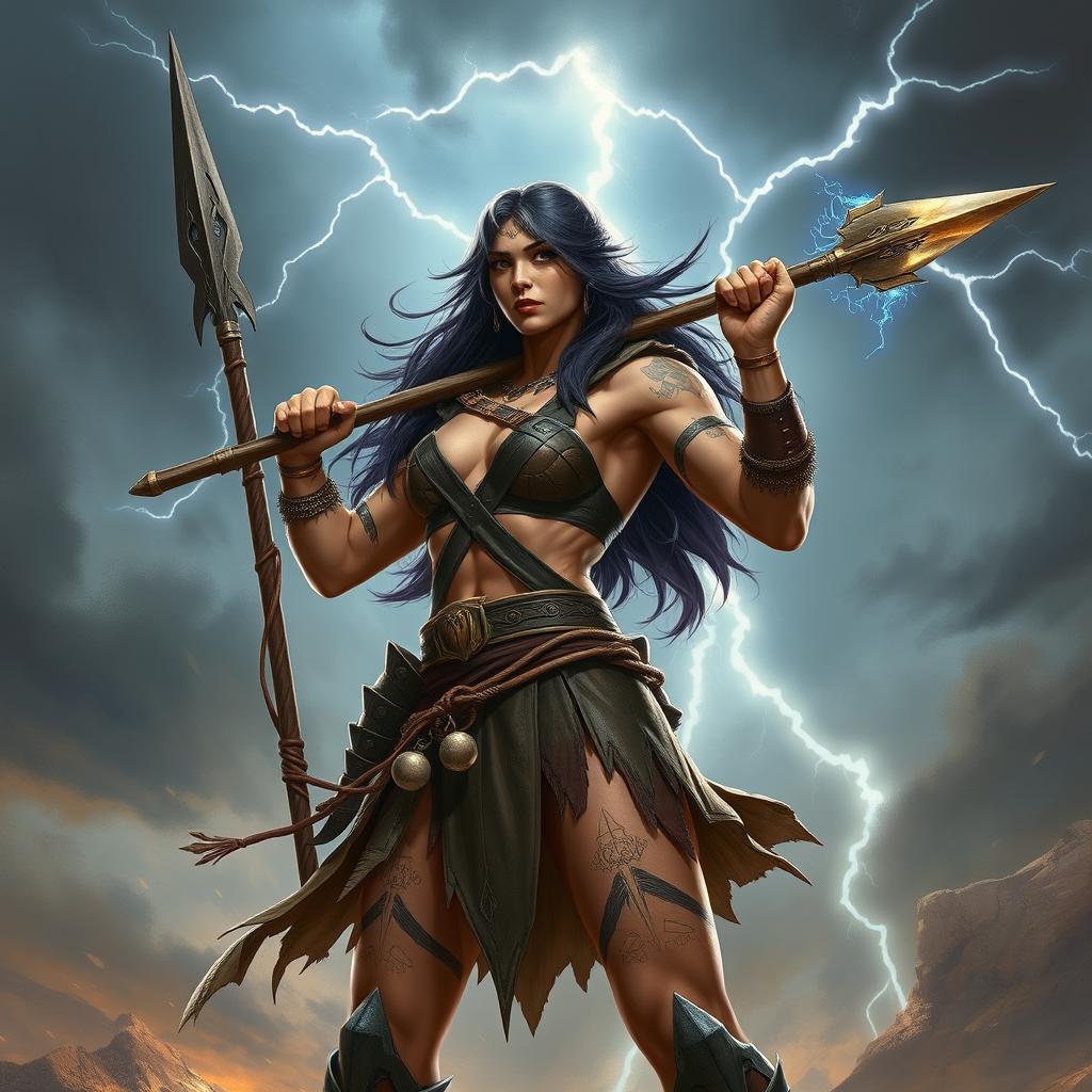 A powerful female Goliath fighter with dark hair, wielding a massive glaive in one hand and a lightning-infused javelin in the other