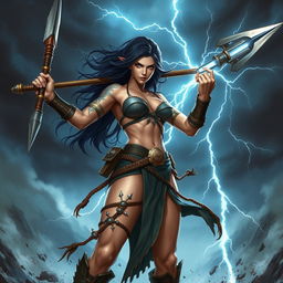 A powerful female Goliath fighter with dark hair, wielding a massive glaive in one hand and a lightning-infused javelin in the other