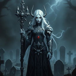 A Shadar-Kai Cleric, characterized by their dark, ethereal appearance