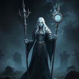 A Shadar-Kai Cleric, characterized by their dark, ethereal appearance
