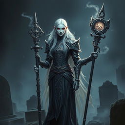 A Shadar-Kai Cleric, characterized by their dark, ethereal appearance