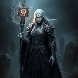A Shadar-Kai Cleric, characterized by their dark, ethereal appearance