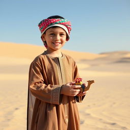 A 6-year-old boy wearing traditional Arabic dress, featuring a beautifully embroidered thobe and a colorful keffiyeh headdress