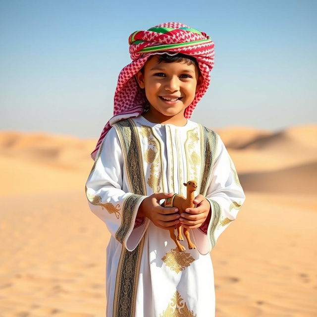 A 6-year-old boy wearing traditional Arabic dress, featuring a beautifully embroidered thobe and a colorful keffiyeh headdress