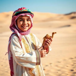 A 6-year-old boy wearing traditional Arabic dress, featuring a beautifully embroidered thobe and a colorful keffiyeh headdress