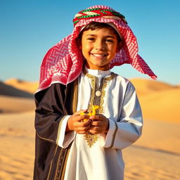 A 6-year-old boy wearing traditional Arabic dress, featuring a beautifully embroidered thobe and a colorful keffiyeh headdress