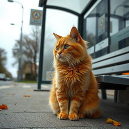 A poor orange tabby cat sitting at a bus stop, looking lonely and dejected
