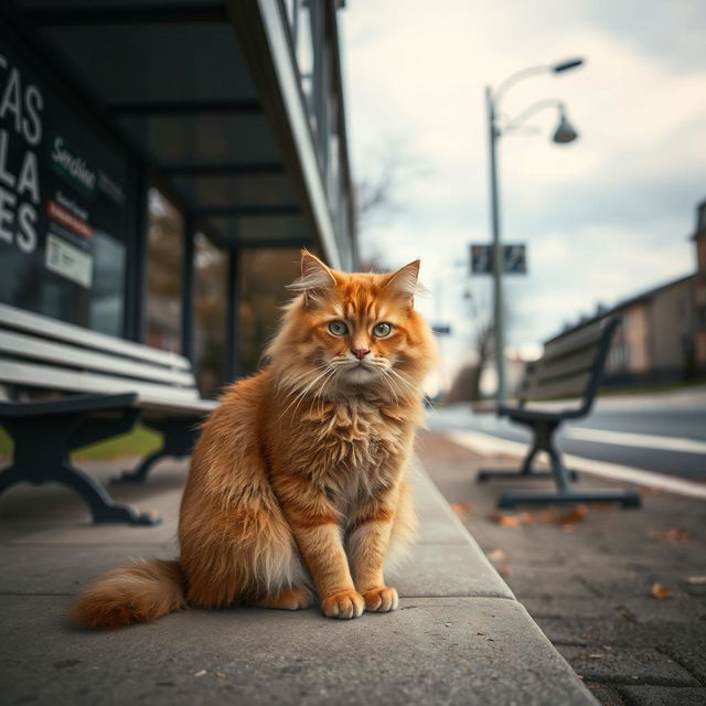 A poor orange tabby cat sitting at a bus stop, looking lonely and dejected