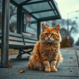 A poor orange tabby cat sitting at a bus stop, looking lonely and dejected