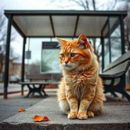 A poor orange tabby cat sitting at a bus stop, looking lonely and dejected