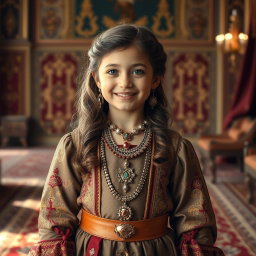 A 9-year-old girl dressed in luxurious Qajar royal clothing, featuring intricate patterns and rich fabrics, adorned with traditional Persian jewelry