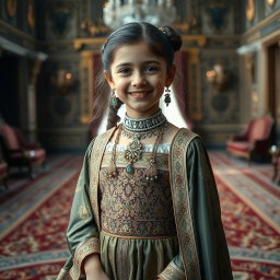 A 9-year-old girl dressed in luxurious Qajar royal clothing, featuring intricate patterns and rich fabrics, adorned with traditional Persian jewelry