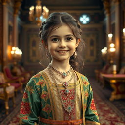A 9-year-old girl dressed in luxurious Qajar royal clothing, featuring intricate patterns and rich fabrics, adorned with traditional Persian jewelry