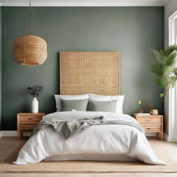 A sophisticated and calming bedroom featuring a beautiful Venetian plaster wall, a white linen bed, and a stylish rattan headboard.