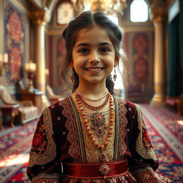A 9-year-old girl dressed in luxurious Qajar royal clothing, featuring intricate patterns and rich fabrics, adorned with traditional Persian jewelry