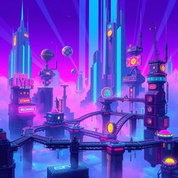 A vibrant and detailed pixel art scene depicting a futuristic cyberpunk level filled with dynamic jump platforms