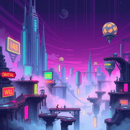 A vibrant and detailed pixel art scene depicting a futuristic cyberpunk level filled with dynamic jump platforms