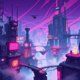 A vibrant and detailed pixel art scene depicting a futuristic cyberpunk level filled with dynamic jump platforms