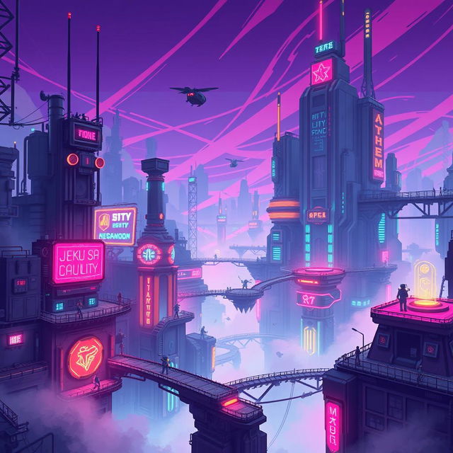 A vibrant and detailed pixel art scene depicting a futuristic cyberpunk level filled with dynamic jump platforms