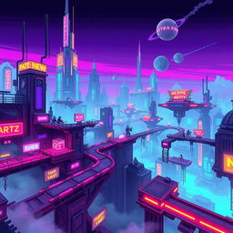A vibrant and detailed pixel art scene depicting a futuristic cyberpunk level filled with dynamic jump platforms