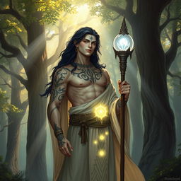 A Shadar-Kai cleric of light, standing confidently in a mystical forest